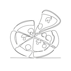 One continuous single drawing line art flat doodle pizza, tomato, cheese, food, mozzarella, italian, mushroom, slice, vegetable. Isolated image hand draw contour on a white background, hand drawn, not