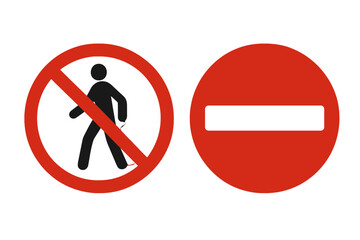 Prohibitory road signs for pedestrians, no entry, stop symbol, red circle with diagonal line and white dash, vector illustration, traffic regulation, safety, urban warning signage