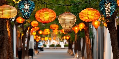 Naklejka premium Enchanting Streetscape with Glowing Lanterns and Vibrant Lights Amidst Festive Autumn Celebrations