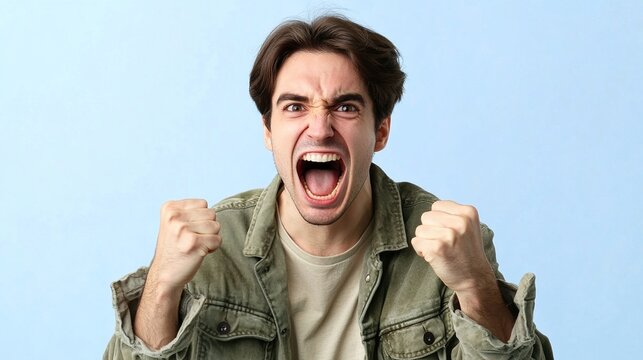 Angry Emotion Expression, Man Shouting With Clenched Fists, Emotional Release Scene, Daily Mood Moment