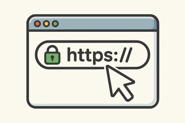 Secure web browsing illustration with HTTPS, SSL encryption, lock icon, browser window, internet security concept, online privacy protection, vector art, cursor pointer, digital data safety