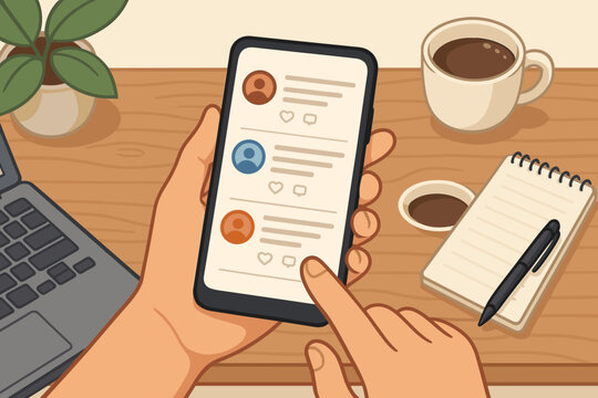 Using social media at home office with hand holding smartphone and checking apps, top view workspace with table background, editable vector illustration, digital communication concept - Powered by Adobe