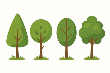 Cartoon tree vector set, cute green trees collection, simple 2D flat illustration, playful nature forest plants, landscape design elements, whimsical foliage, isolated on white background