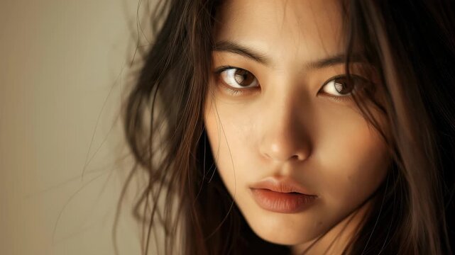 A detailed close-up captures a young woman's face, focusing on her delicate features. The lighting is soft, highlighting her brown eyes and hair. The background is plain, putting her natural look fron