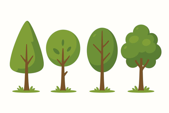 Cartoon tree vector set, cute green trees collection, simple 2D flat illustration, playful nature forest plants, landscape design elements, whimsical foliage, isolated on white background
