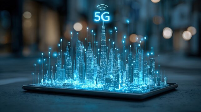 Abstract Cityscape on Mobile Device Display Representing High Speed 5G Network Connectivity and Technology