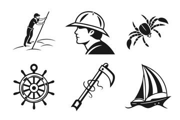Nautical icons set with boat, helm, crab, and fisherman