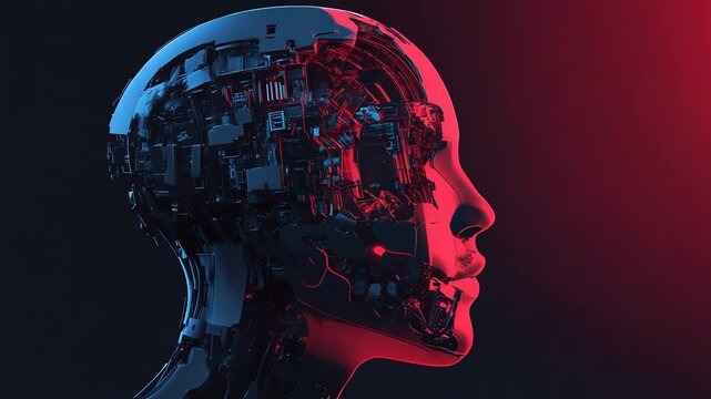 Artificial intelligence, humanoid robot head exploding with data