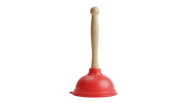 Red rubber plunger with wooden handle for unclogging drains, a common household plumbing tool, isolated on transparent background