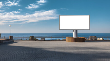 An outdoor billboard advertisement mockup is shown in a seaside resort city with a White background