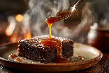 Freshly baked fudgy chocolate brownie with glossy caramel sauce drizzle, served warm on rustic plate with rich, decadent texture and steam rising