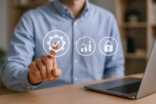 Business professional using interactive interface touching setting icon, representing automation, workflow, efficiency, and security - Powered by Adobe