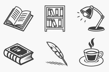 Collection of reading and writing icons isolated on white background