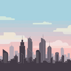 Naklejka premium Silhouette of a modern city skyline with a pastel sky and clouds.