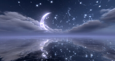 Enchanting crescent moon over dreamy clouds and starry night sky, perfect for fantasy, children’s themes, and poetic visuals.