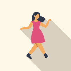 Minimalist illustration of a young woman walking and balancing, with a long shadow, representing concepts like balance, freedom, and progress