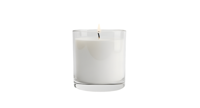 A lit white candle in a clear glass container, isolated on a transparent background - Powered by Adobe