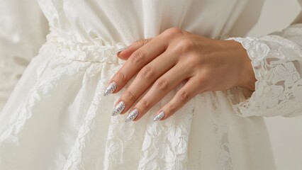 Elegant hand with silver glitter nail art holding lace
