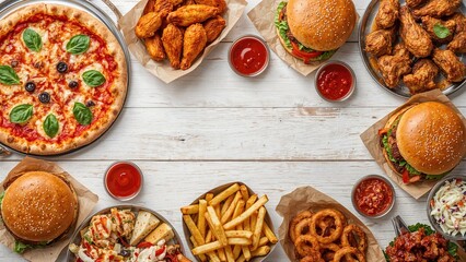 Top-down display of various takeout dishes such as pizza, fried chicken, hamburgers, and side items on a white wooden table with empty area for copy.
