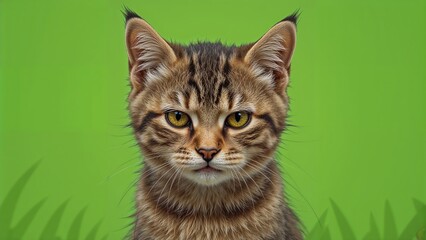 Close portrait of an angry young feline with a plain green background and text area