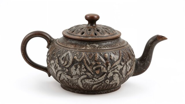 Iron teapot made from cast metal, displayed on a white backdrop