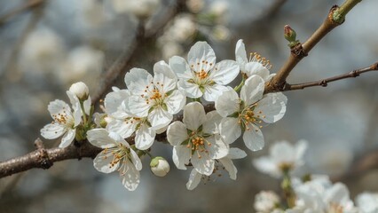 Obraz premium Fragile white blossoms with bright orange stamens adorn a tree branch during the early spring season.