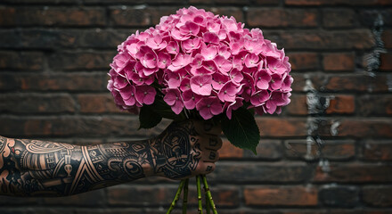 A strong, tattooed hand holding pink Hydrangeas, against an urban brick wall. Striking and textured