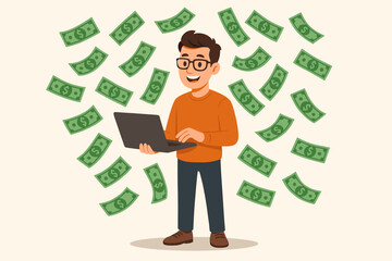 Successful freelance developer earning money online, remote worker with laptop surrounded by falling cash, making income, financial success, online business, technology and salary concept illustration