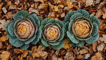 Brightly colored ornamental cabbages amid autumnal leaves represent the essence of seasonal change and harvest time decor