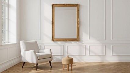 In a modern living area, a comfortable white armchair is positioned near a chic golden mirror, showcasing minimalist elegance and coziness.