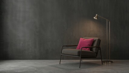 Fototapeta premium Snug chair adorned with a rose-colored cushion illuminated by a glowing floor lamp on a muted gray wall, perfect for a modern living or office space. Clean and simple home styling.