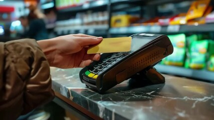 A hand holds a yellow card near a payment terminal on a marble countertop. The background shows shelves stocked with various products. - Powered by Adobe
