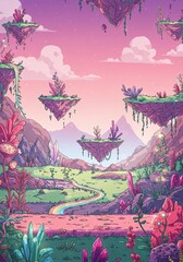 Fantasy Alien Landscape with Floating Islands and Colorful Plants