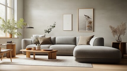 Fototapeta premium Stylish Japandi Living Room with Gray Sectional Sofa, Accent Plants, and Cozy Minimalist Decor