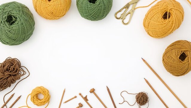 Creative workspace with green and yellow wool, knitting needles, and crochet tools neatly displayed from above on a white background with empty text space