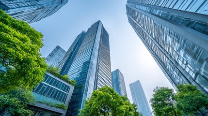 Obraz premium Skyscrapers rising to the sky with green trees, showcasing urban development and corporate environment