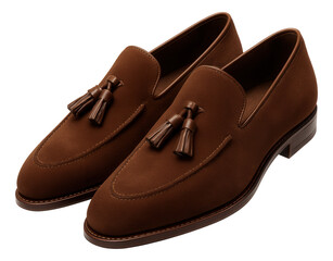 Brown suede loafers with tassel detail and almond toe