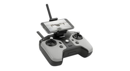 A modern drone remote controller with a smartphone mounted on top, displaying a live feed, isolated on transparent background