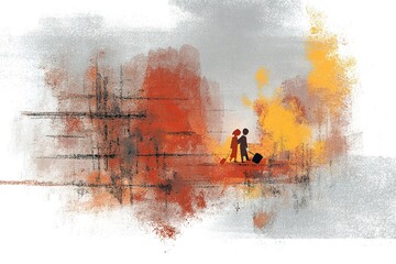 Fototapeta premium Travelers walking through a vibrant abstract landscape with bags during sunset