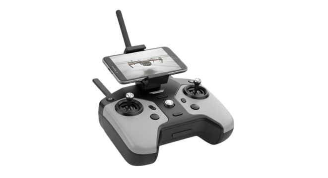 A modern drone remote controller with a smartphone mounted on top, displaying a live feed, isolated on transparent background - Powered by Adobe