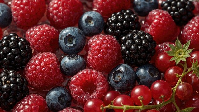 Detailed view of mixed berries including blackberry, blueberry, raspberry, redcurrant, and physalis