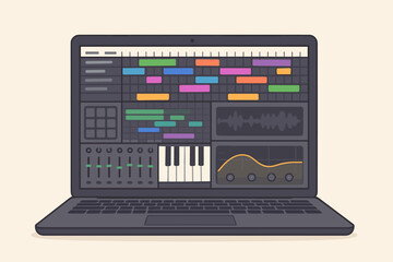 Digital audio workstation laptop screen. Electronic music production software interface. Music editing, mixing, beat making, keyboard, equalizer, waveform. Vector illustration concept.