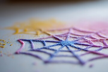 Colorful sand art spider web design created on a surface during an artistic crafting session