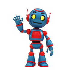 Obraz premium Friendly blue robot with yellow eyes waving hello, isolated on transparent background