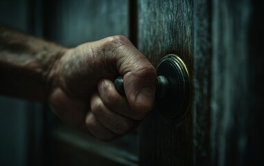 A close-up of an antique wooden door with ornate hardware, being flung open by the hand of someone in profile wearing a brown sweater. 