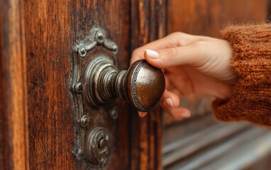 Obraz premium Close-up of a woman's hand turning a doorknob on a wooden door, with the focus point on the brass Victorian-style lock and key.