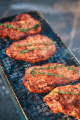 A vibrant outdoor barbecue scene with people grilling shashlik and marinated vegetables over an open fire. Juicy skewered meat and colorful vegetables sizzle on the mangal, surrounded by friends enjoy