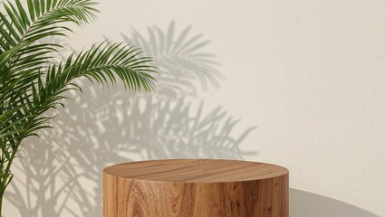 Sunlit teak wood surface with tropical fern leaves casting shadows against a beige wall, ideal for organic-themed displays.