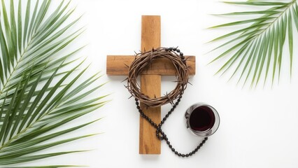 Religious symbols including a wooden cross, thorn crown, rosary beads, wine cup, and palm leaf displayed on white