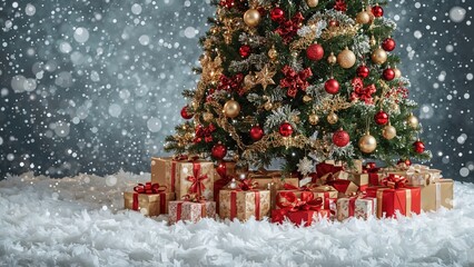 Decorated winter tree featuring gift boxes